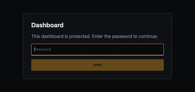 The sign-in screen a browser shows when the password is required even to look: Dashboard, This dashboard is protected, a password field and an Open button.