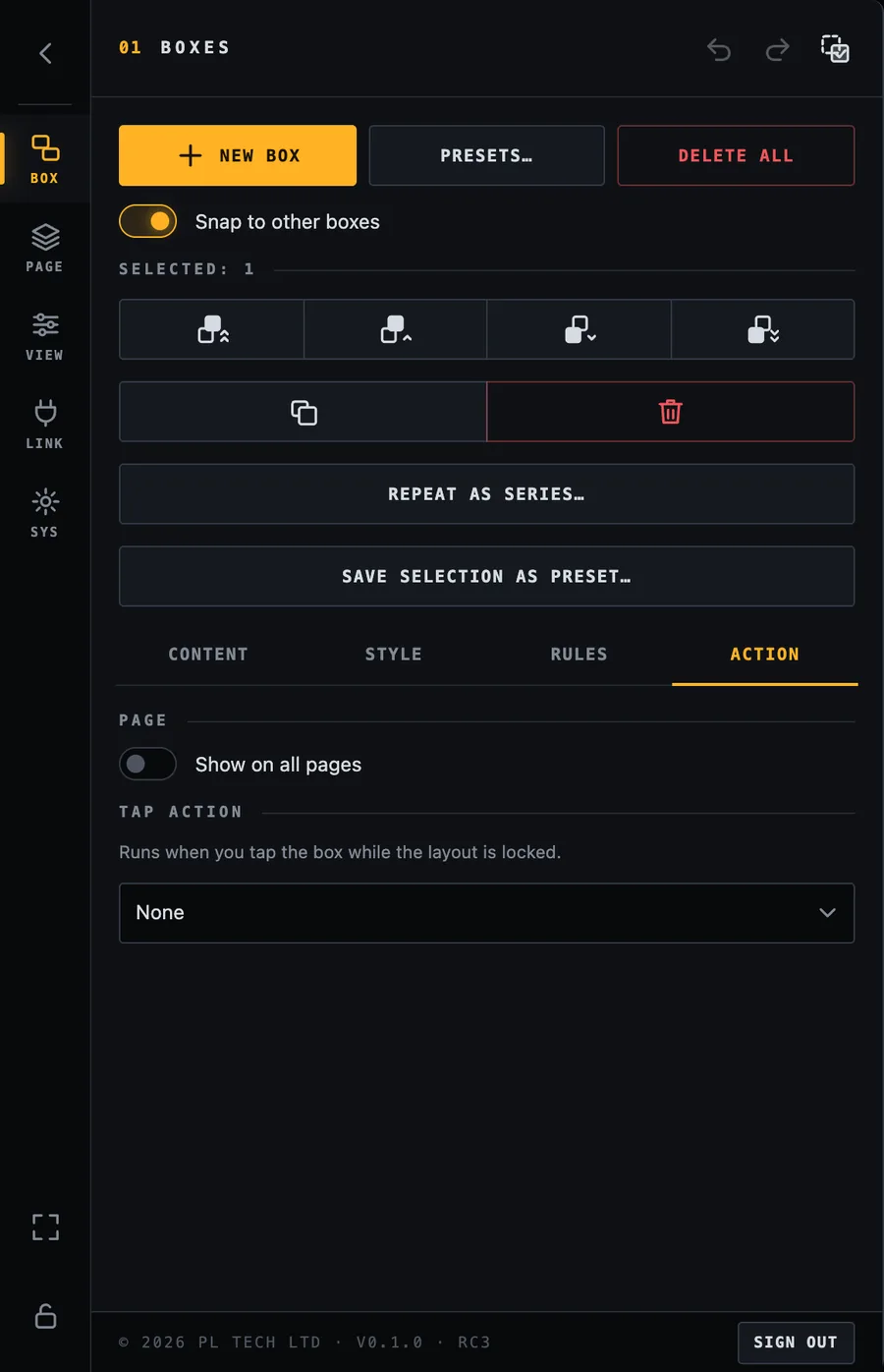 Action tab. Choose what a tap does. &ldquo;Show on all pages&rdquo; puts the box on every page.