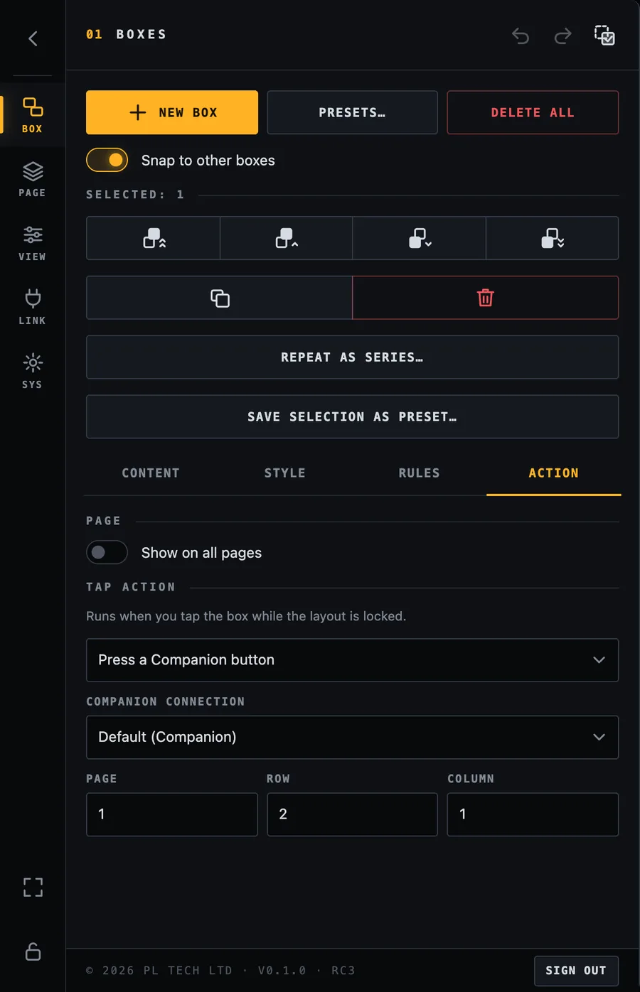 Press a Companion button: connection, page, row and column.