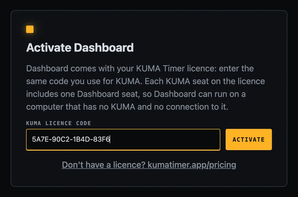 The activation screen. Enter your KUMA licence code (the one shown here is a placeholder).