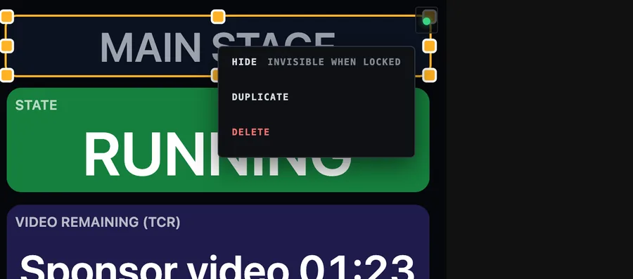 Right-click menu on a box: Hide (invisible when the layout is locked), Duplicate, Delete.