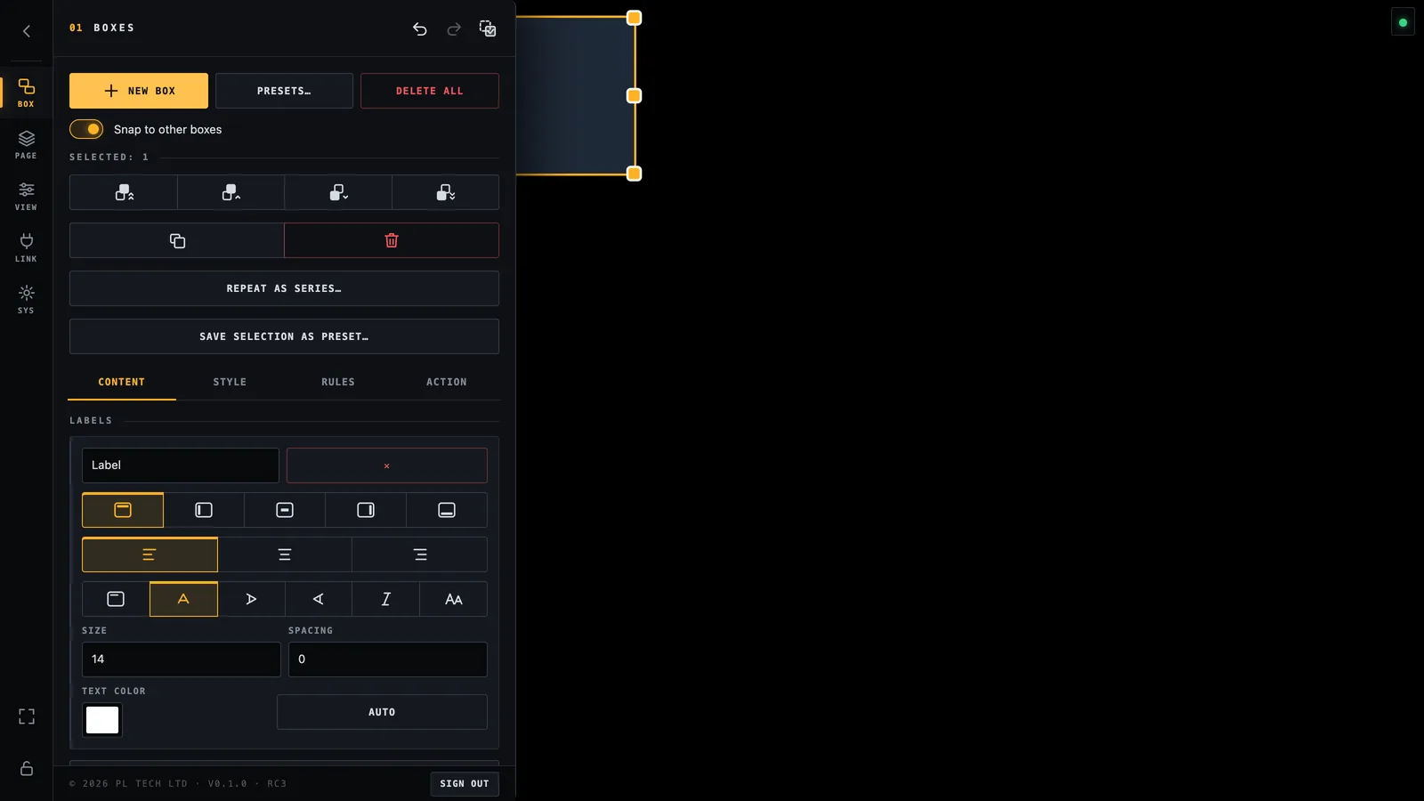 A new box (top right) is selected. The settings are in four tabs: Content, Style, Rules, Action.