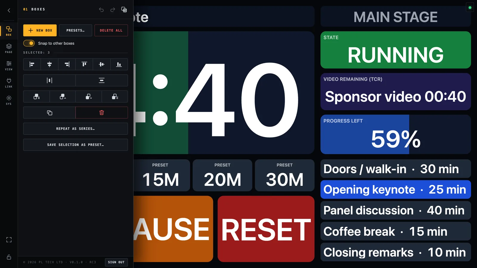 Three boxes selected with the arranging tools open.