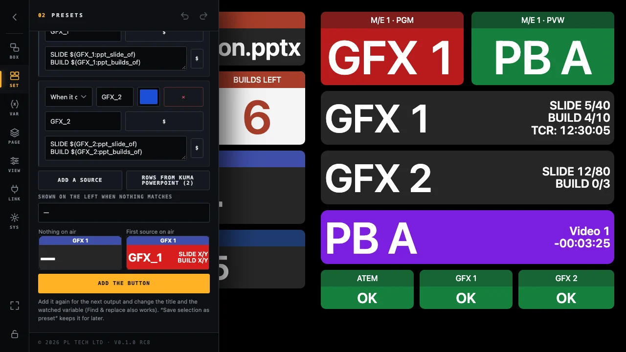 The on-air button builder with two PowerPoint rows.
