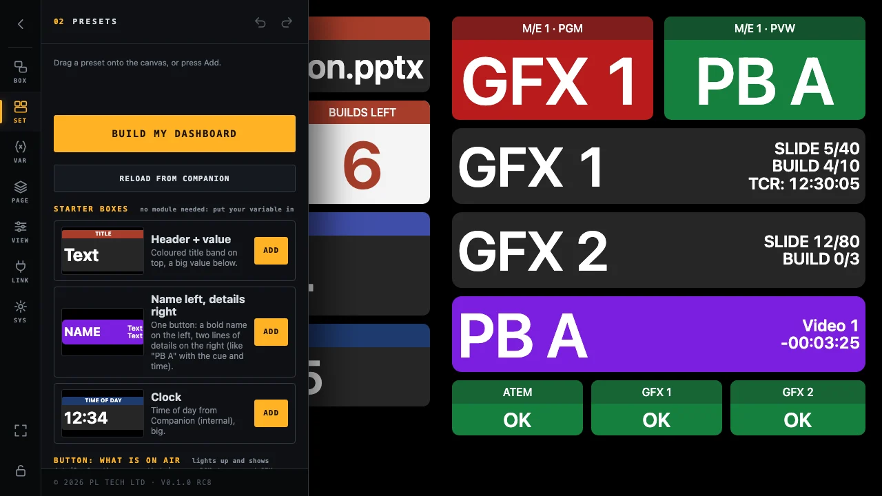 The SET tab: Build my dashboard, starter boxes with pictures, the beginning of the on-air button builder.