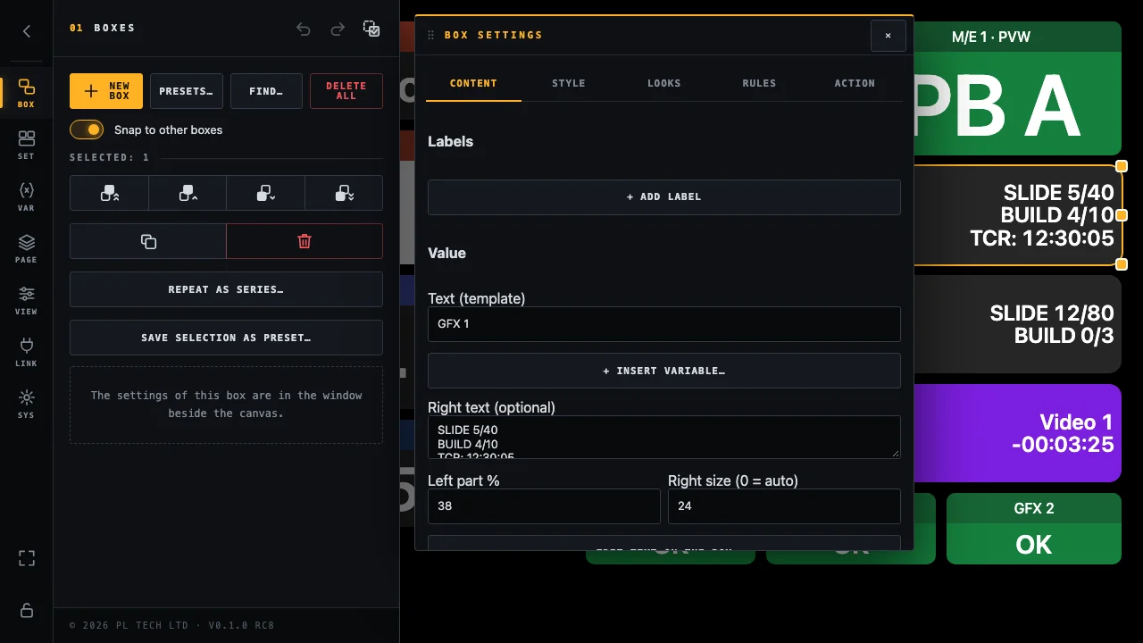The box settings window beside the canvas, with the right text of a GFX button.