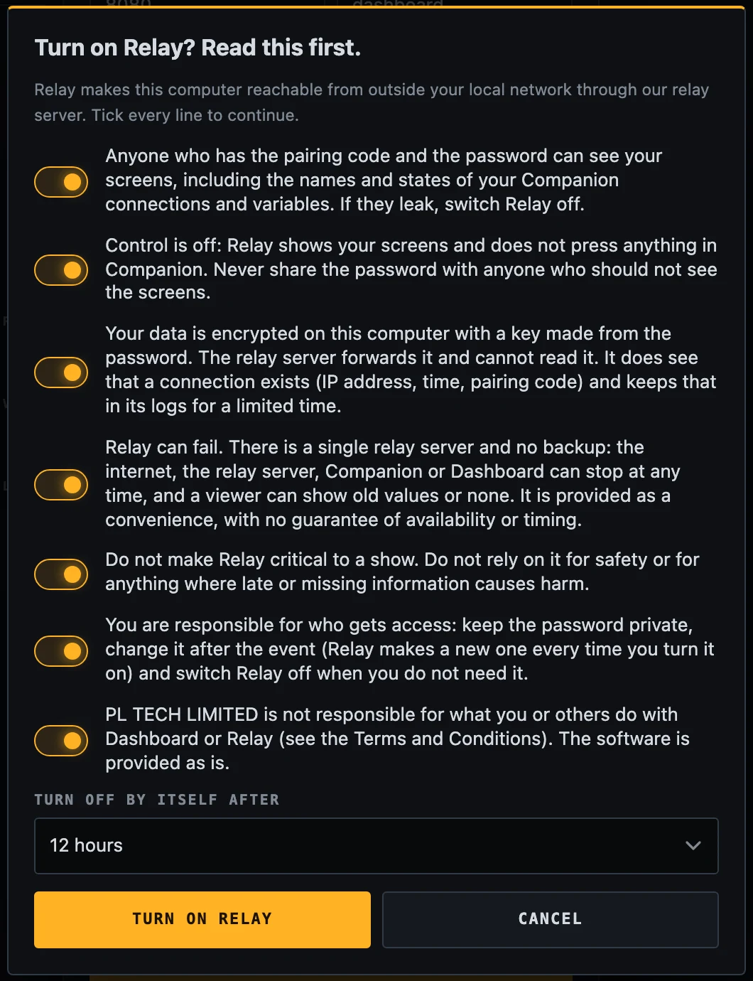The Relay dialog with seven ticked lines and the time to switch off.