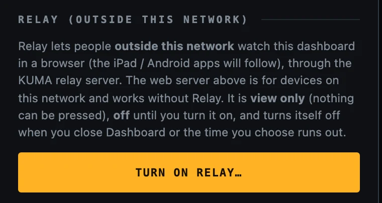 The Relay section of the WEB tab with the Turn on Relay button.