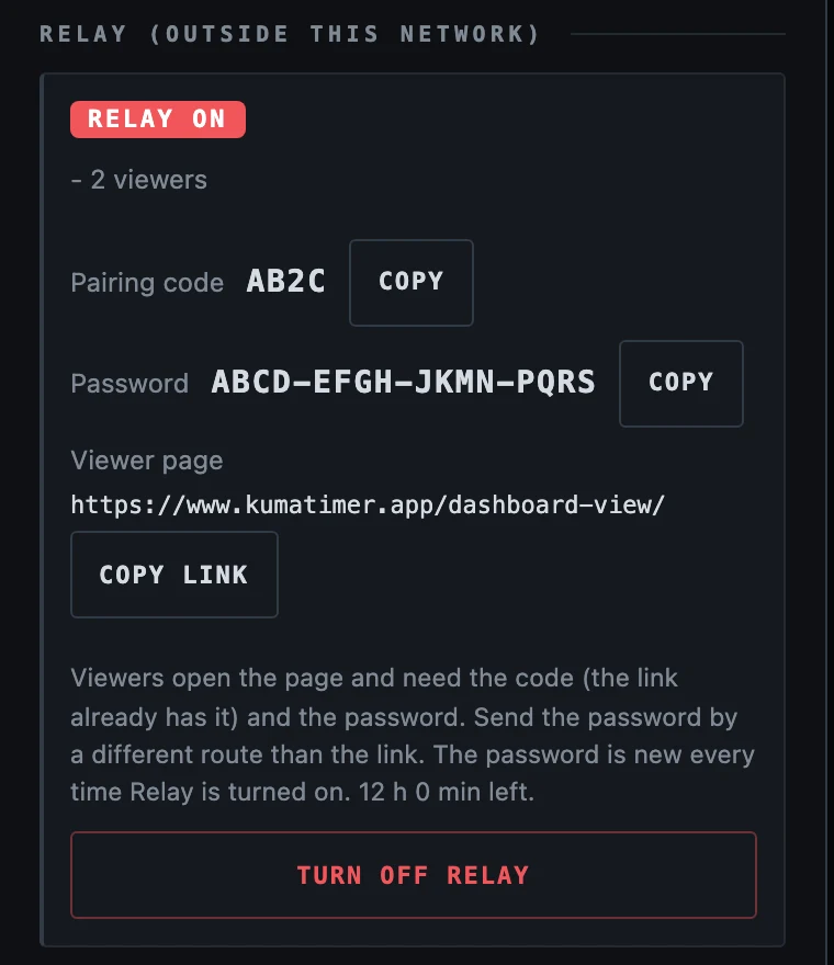 The Relay section while it is on: the RELAY ON flag, pairing code, password, viewer page and Turn off Relay.