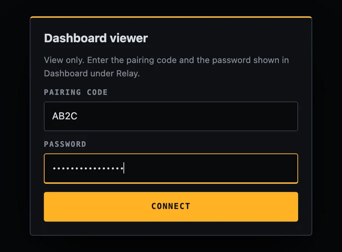 The viewer page asking for the pairing code and the password.