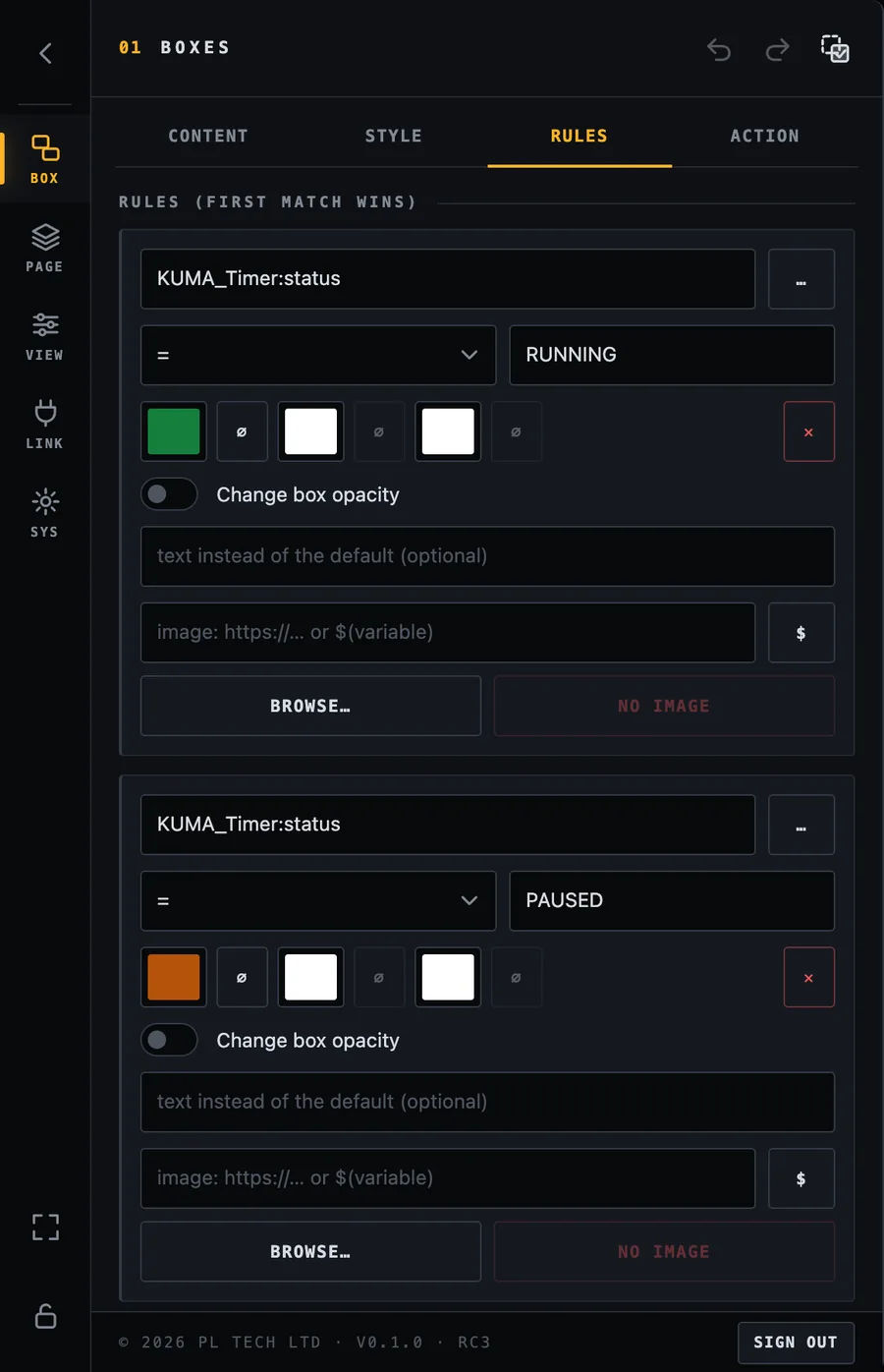 Rules tab: three rules on the STATE box. Each has a variable, a comparison, a value and the colours it applies.