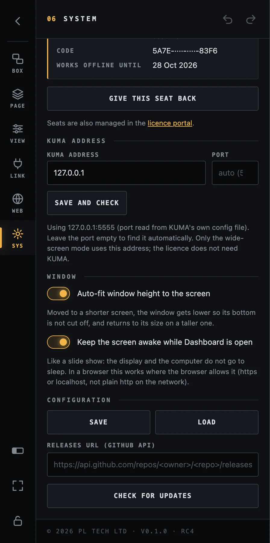 SYS, Window: Auto-fit window height to the screen and Keep the screen awake while Dashboard is open, both switched on.