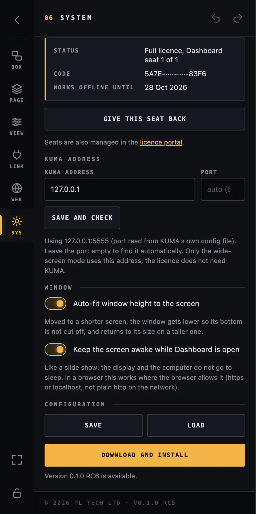 SYS: the rest of the section, with configuration save and load and the Updates button (here a new version is offered).