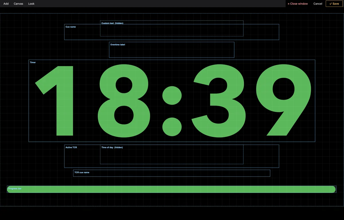 The Layout Editor over the live display: every element is a movable box. Menus at the top: Add, Canvas, Look; Save, Cancel and Close window at the right.