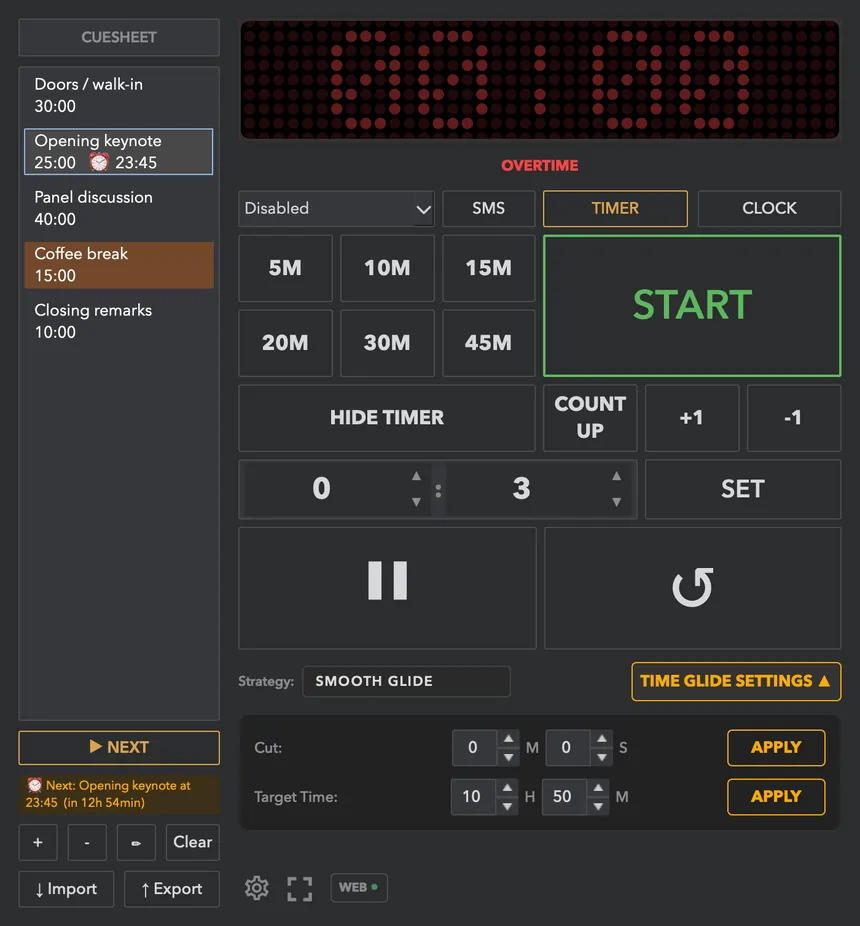 At 00:00 the monitor turns red and the status shows OVERTIME.