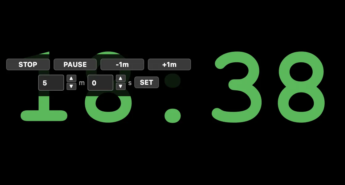 The Presenter View window. Hover it to reveal STOP / PAUSE / −1m / +1m and a quick time entry.