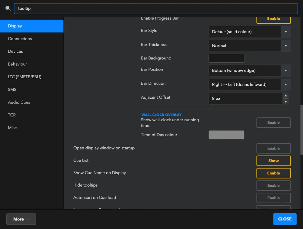 Searching for “tooltip” jumps to Display and highlights the matching settings.