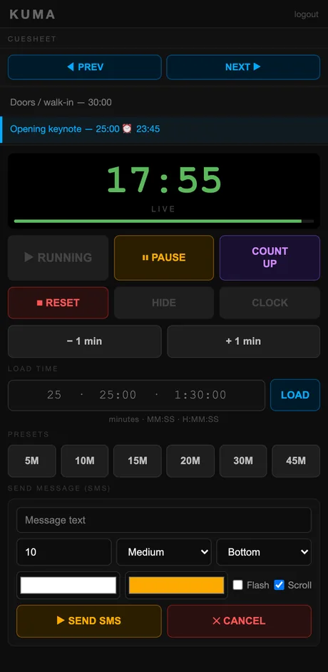 The web controller on a phone: state, transport, presets, message sending.
