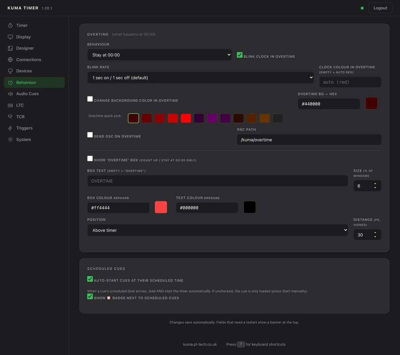 Admin → Behaviour: overtime and scheduled cues.