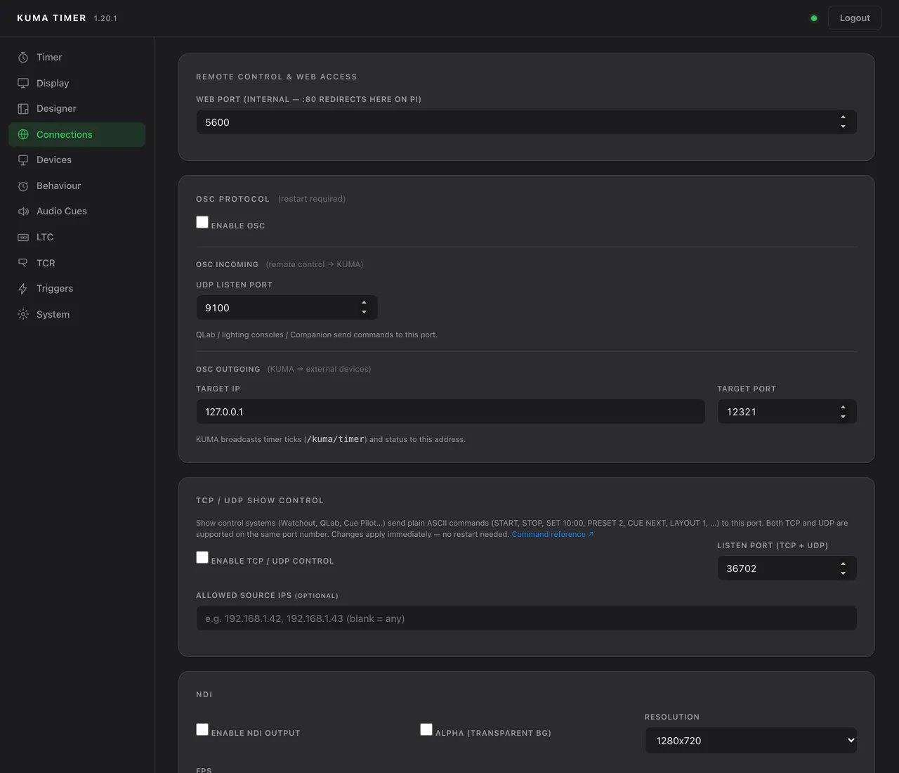 Admin → Connections: web port, OSC, TCP / UDP.