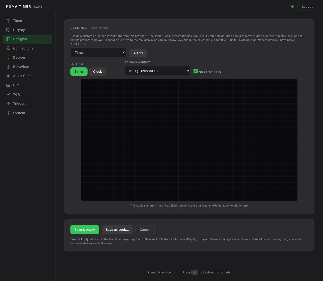 Admin → Designer: the Layout Editor in the browser, with Save & Apply, Save as Look and Cancel.