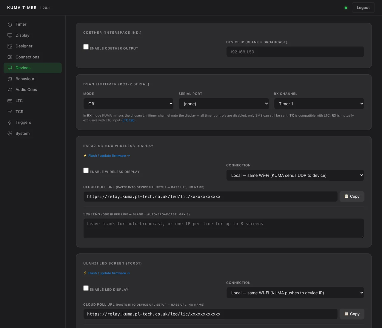 Admin → Devices: CDEther, Limitimer, ESP32 and Ulanzi.