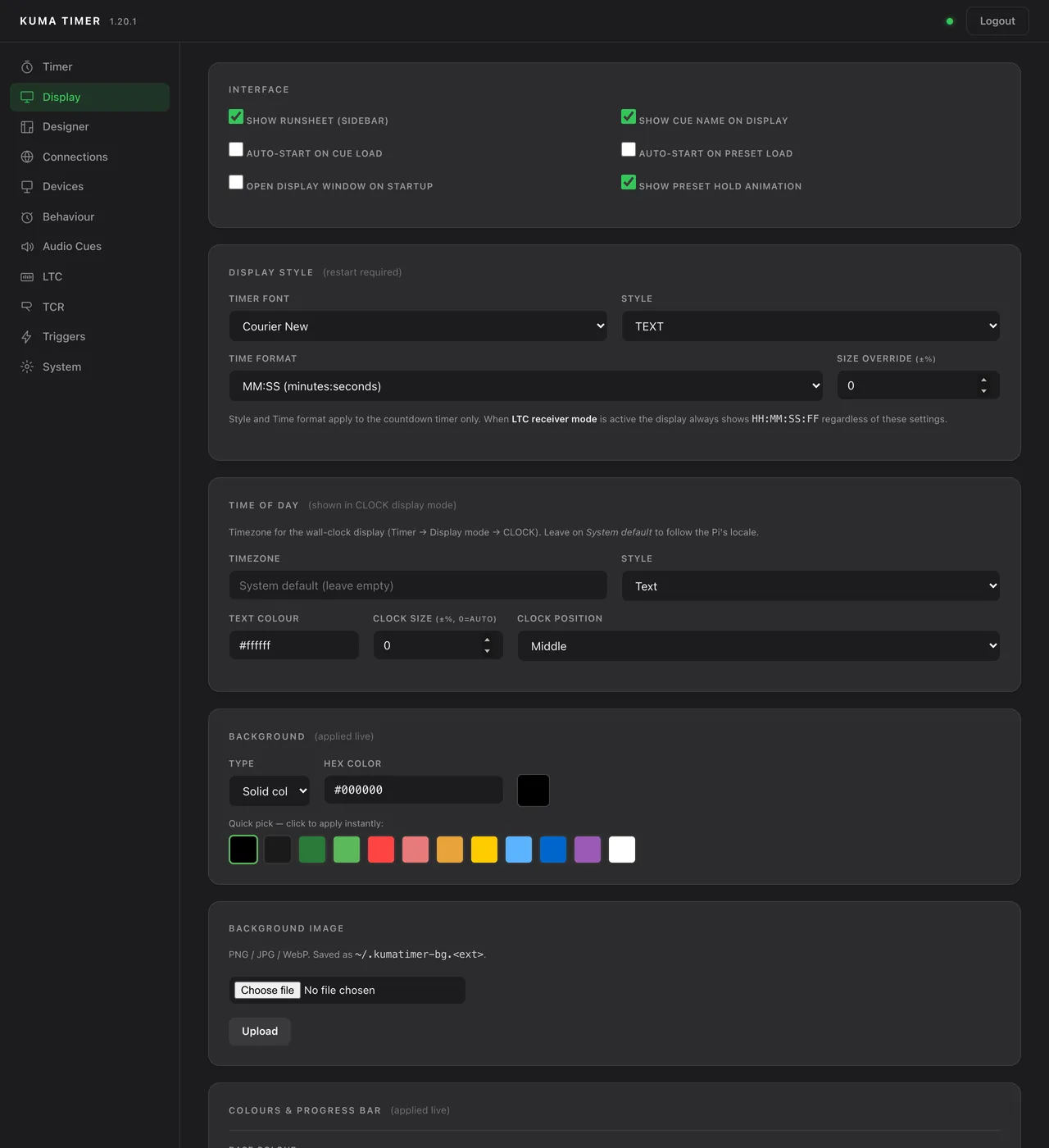 Admin → Display: interface switches, timer font and style, time of day, background.