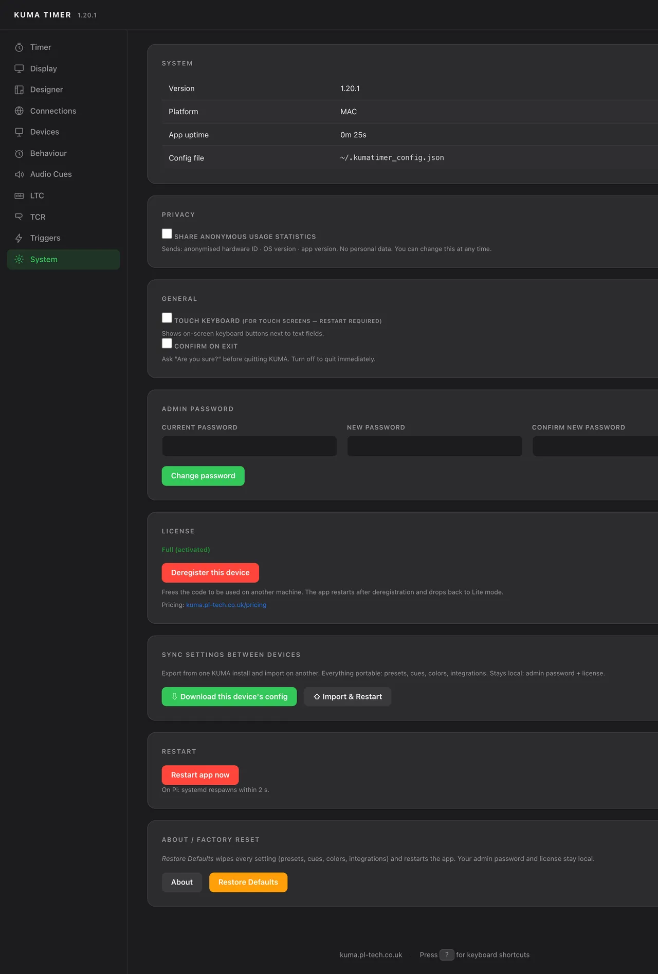 Admin → System: version and uptime, privacy, touch keyboard, admin password, licence, sync settings between devices and restart.