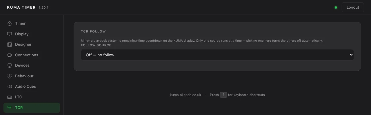 Admin → TCR: choose which source to follow.