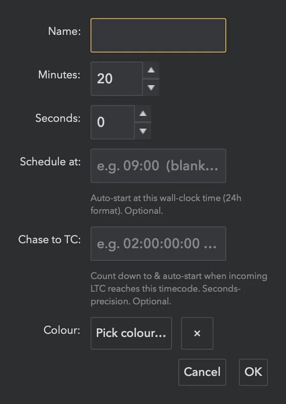 Adding a cue. Name, time, optional schedule, optional timecode target (shown with chase mode), and a colour tag.