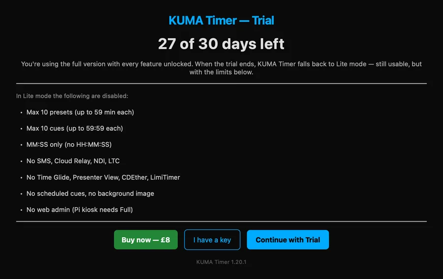 The trial dialog at start-up: days left, what Lite mode will limit, and the choices.