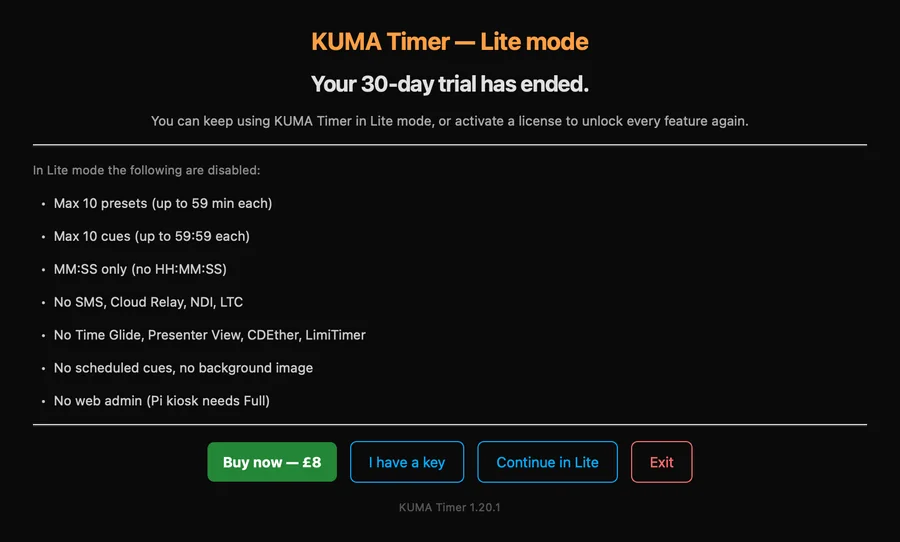 After the trial ends the dialog lists exactly what Lite mode leaves out. Press “I have a key” to activate.