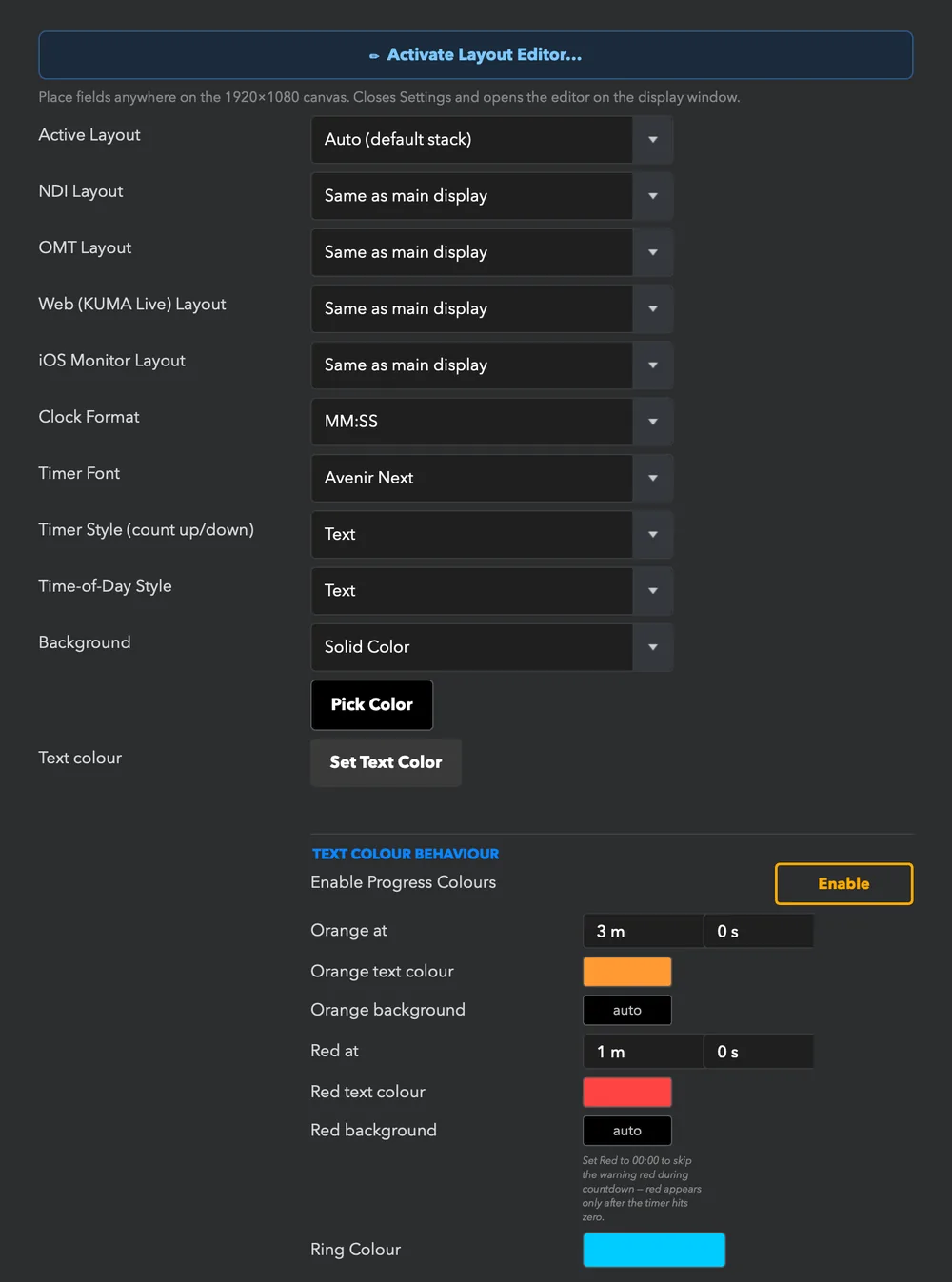 Display, part 1: layout editor entry, layouts per output, format, font, style, background, text colour and the colour warnings.