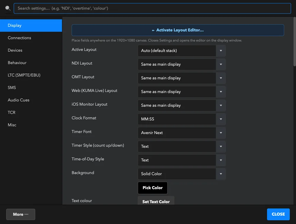 The Settings dialog: the section list on the left, the page on the right.