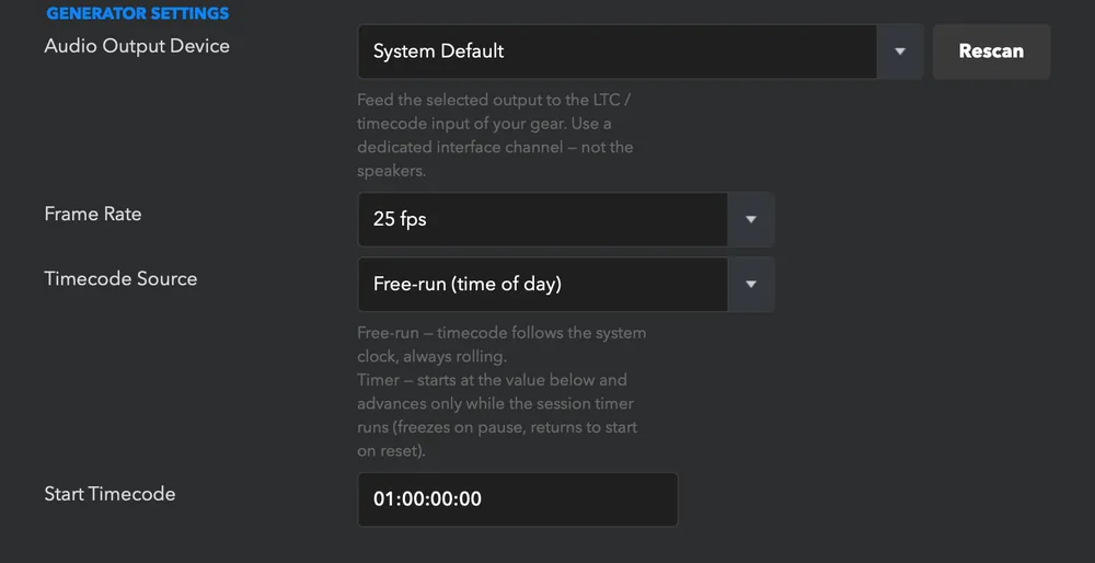 The LTC generator: output device, frame rate, source (free-run or timer) and start timecode.