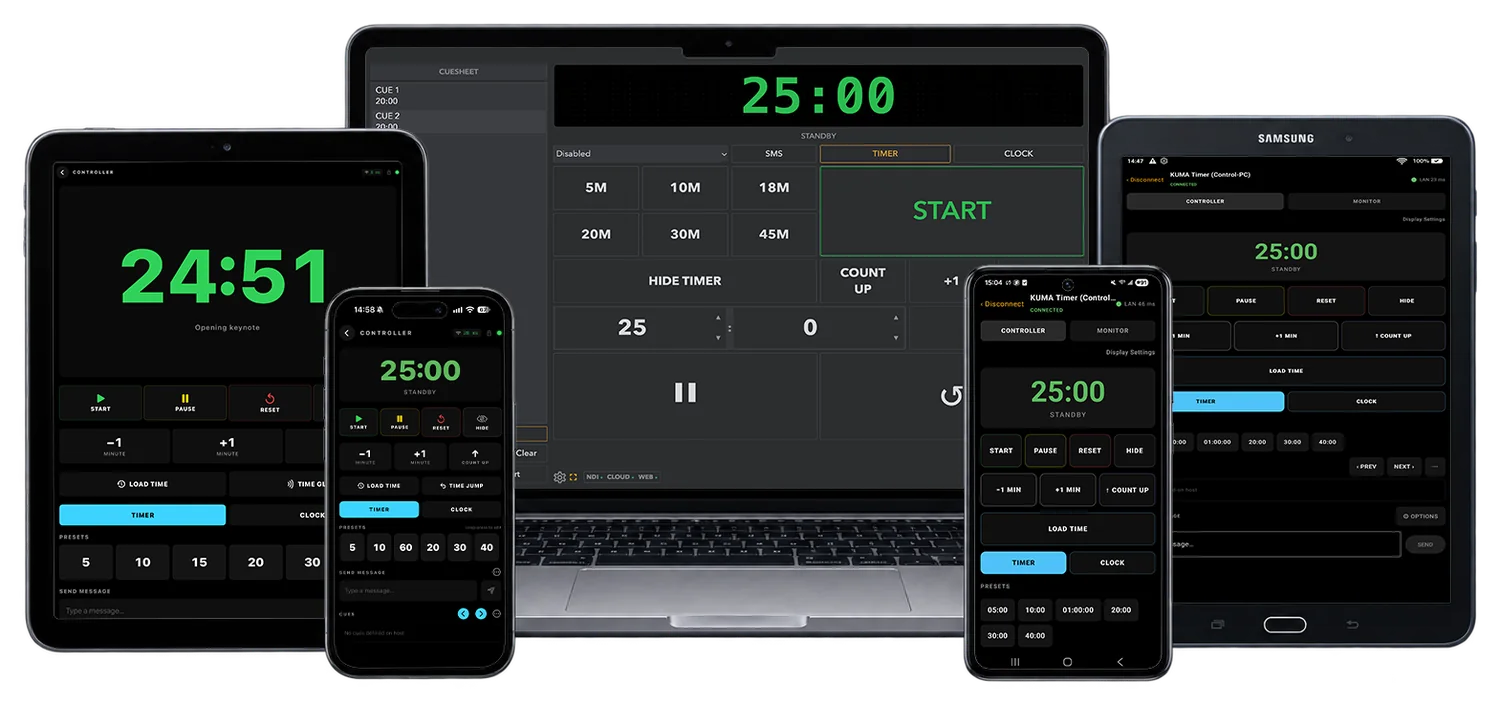 KUMA Timer stage countdown on a Mac laptop, with the Companion remote control app on an iPad, iPhone, Android phone and Android tablet