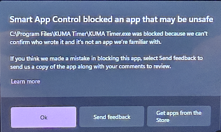 Windows Smart App Control dialog